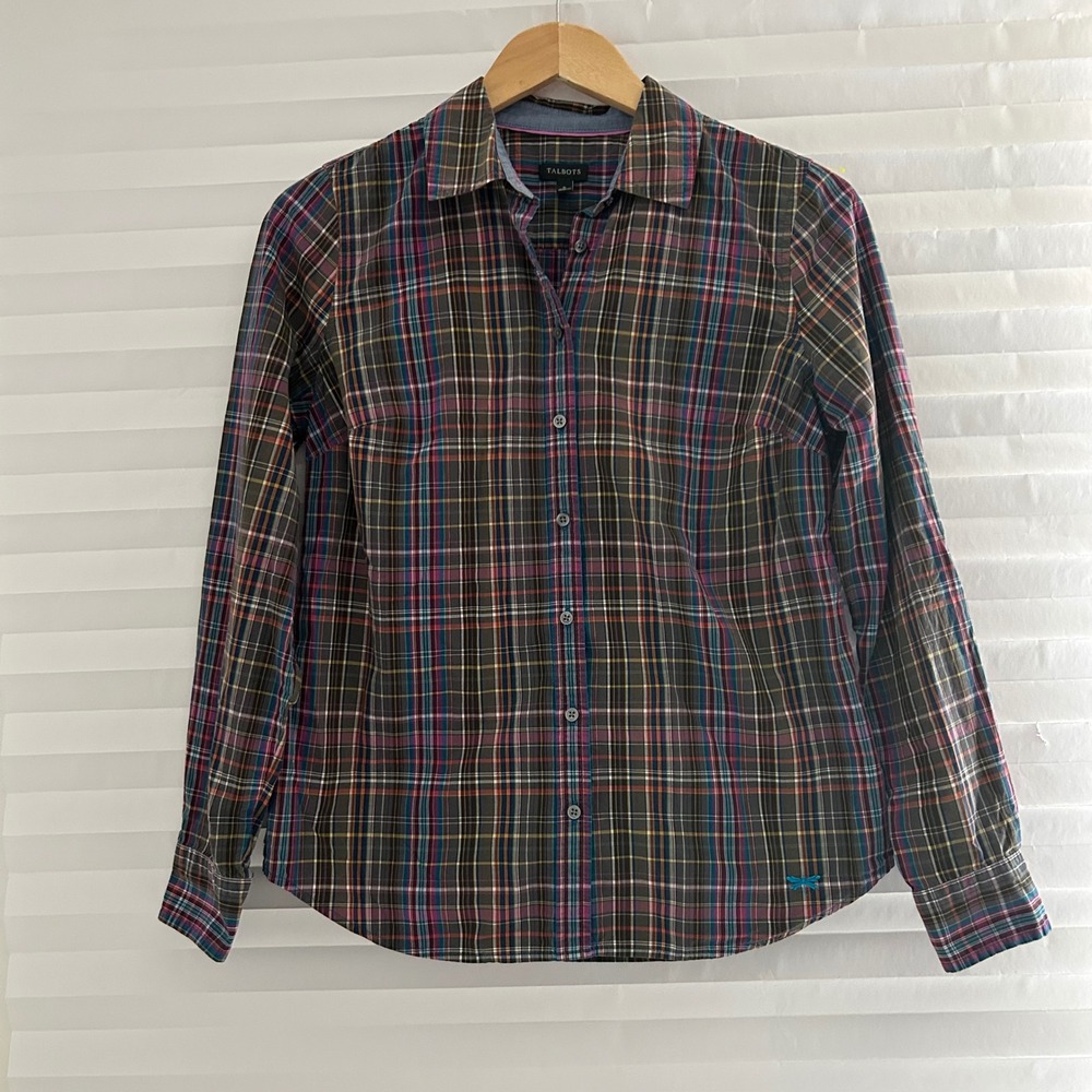 Talbots Womens Plaid Button Down Shirt‎ Tab Sleeve Preppy Cotton Dragonfly 6